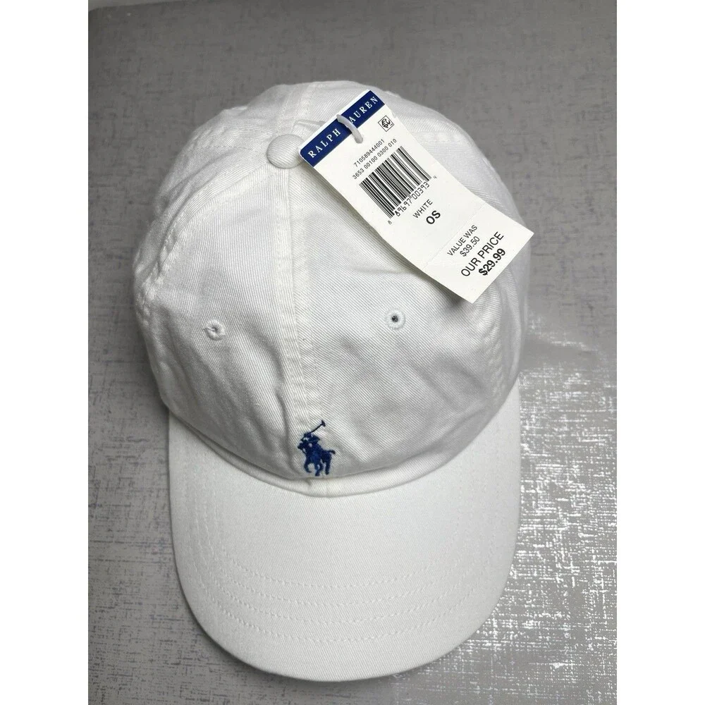 Polo Ralph Lauren Men's O/S Adjustable Baseball Cap Cotton White /Blue Pony Logo - Picture 11 of 11
